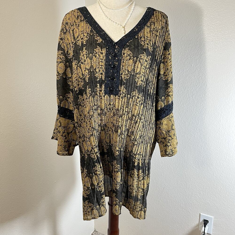 Catherines Women's 2X 22/24 Fall Ikat Prints Crinkle Pleats Tunic Top Bell